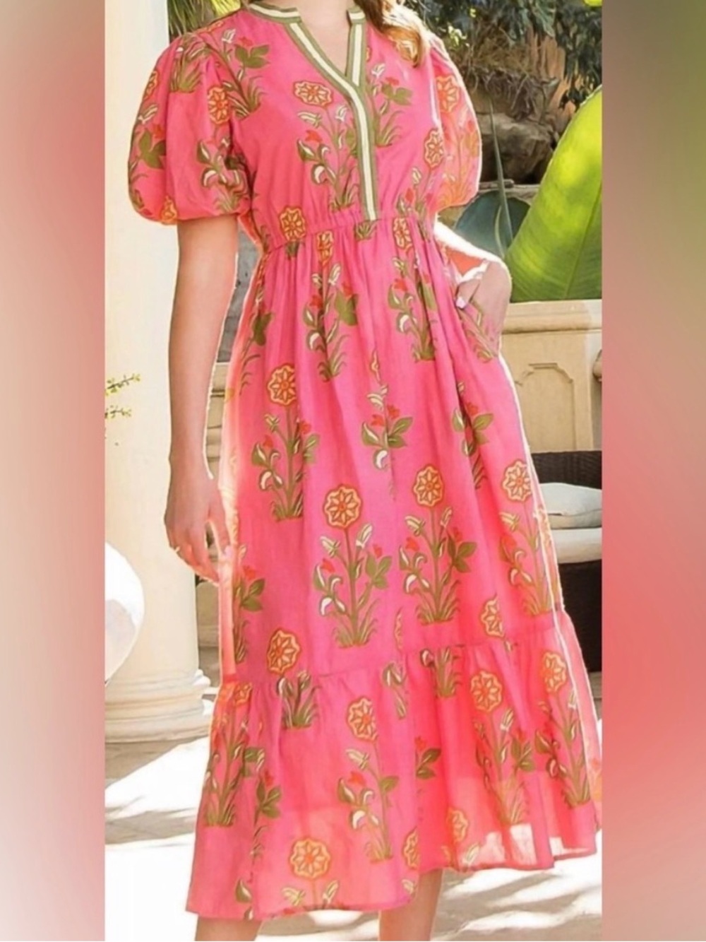 THML Emerson Puff Sleeve Flower Print Maxi Dress Pink Floral size M